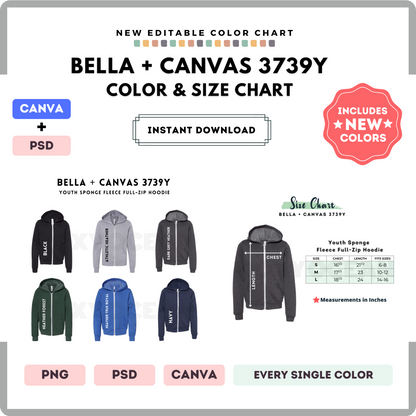 Bella Canvas 3739Y Color and Size Chart