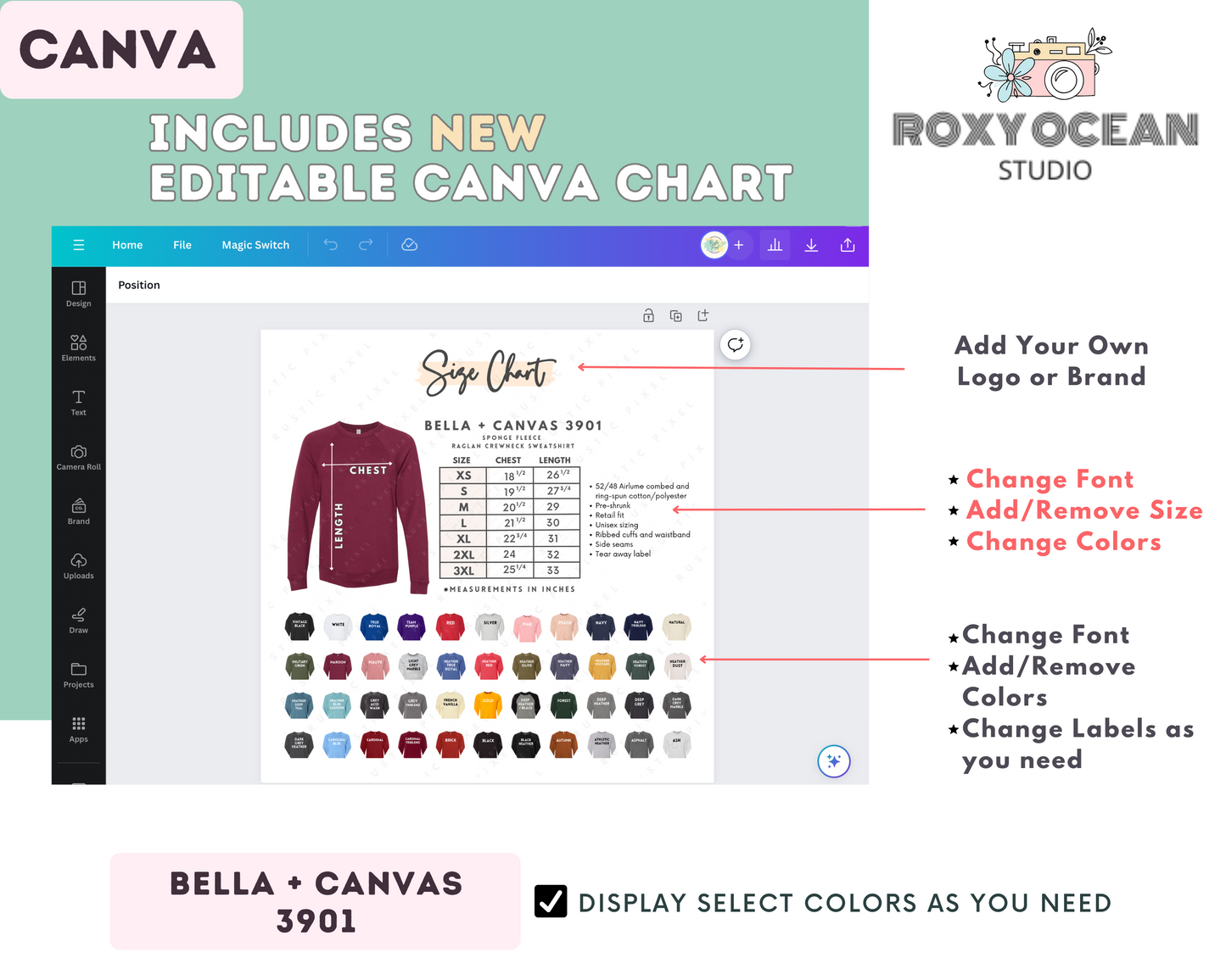 Bella + Canvas 3901 Unisex Size Chart + Color Chart (Editable)