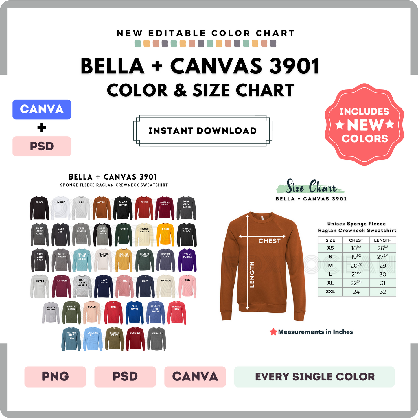 Bella Canvas 3901 Color and Size Chart