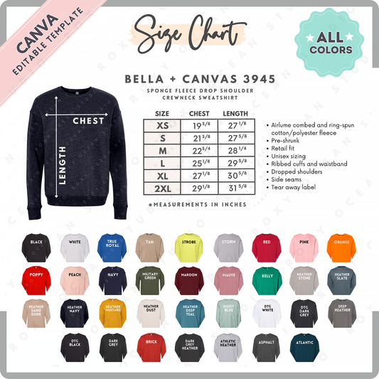 Bella + Canvas 3945 Unisex Size Chart + Color Chart (Editable)