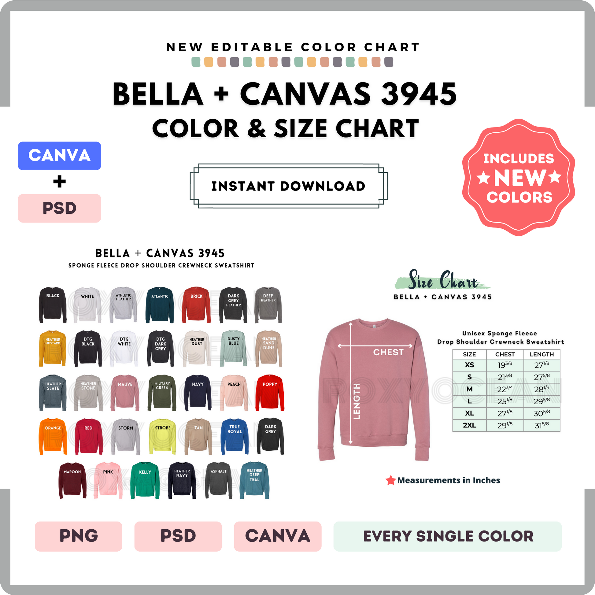 Bella Canvas 3945 Color and Size Chart