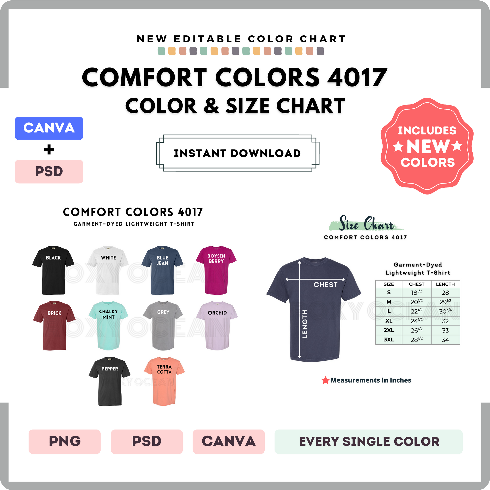 Comfort Colors 4017 Color and Size Chart