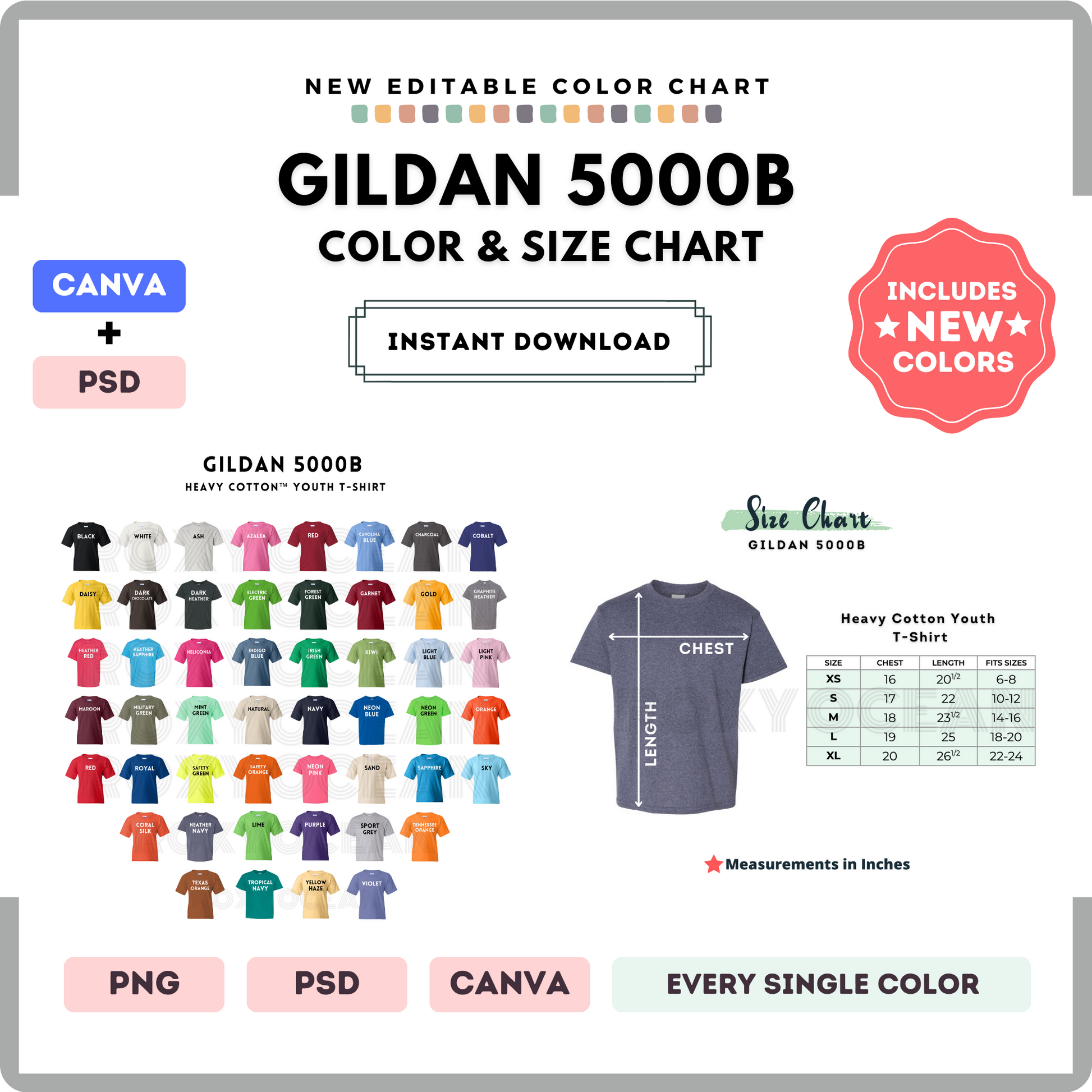 Gildan 5000B Color and Size Chart