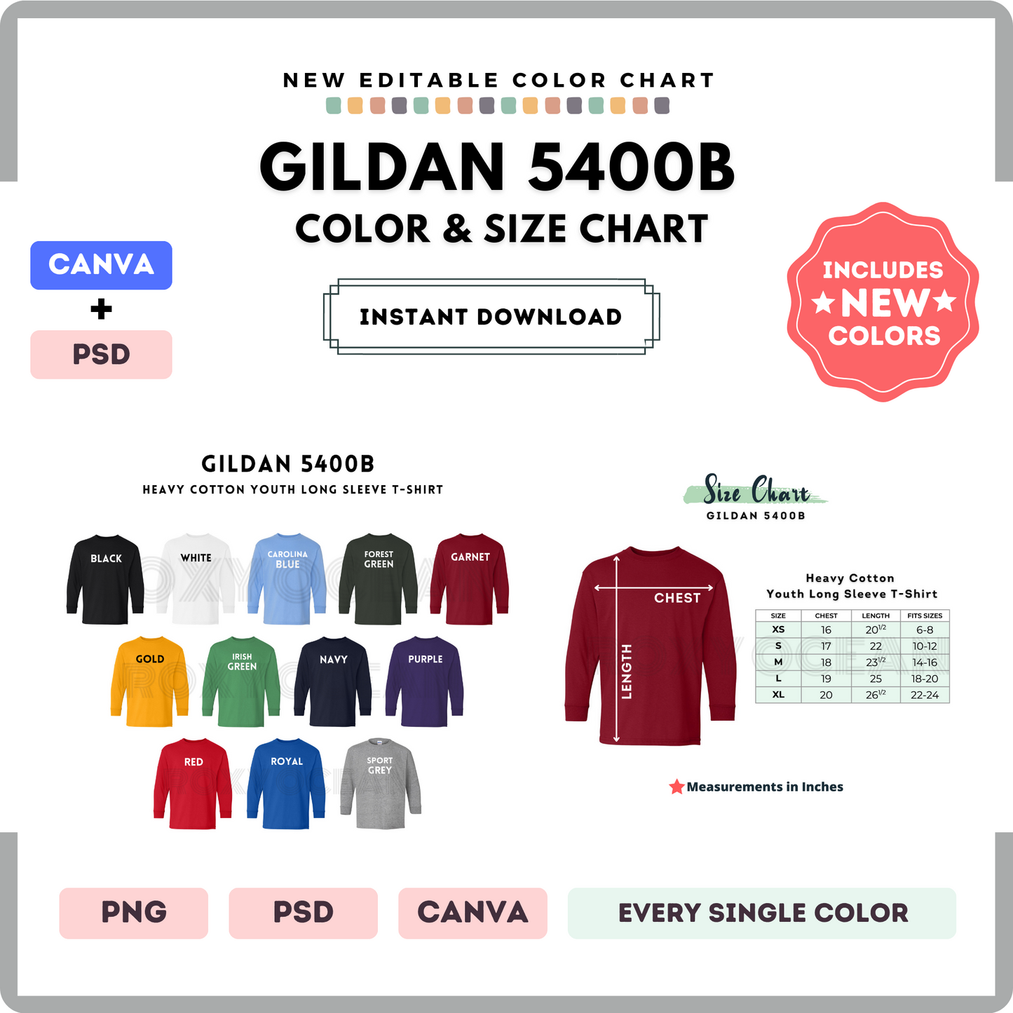 Gildan 5400B Color and Size Chart