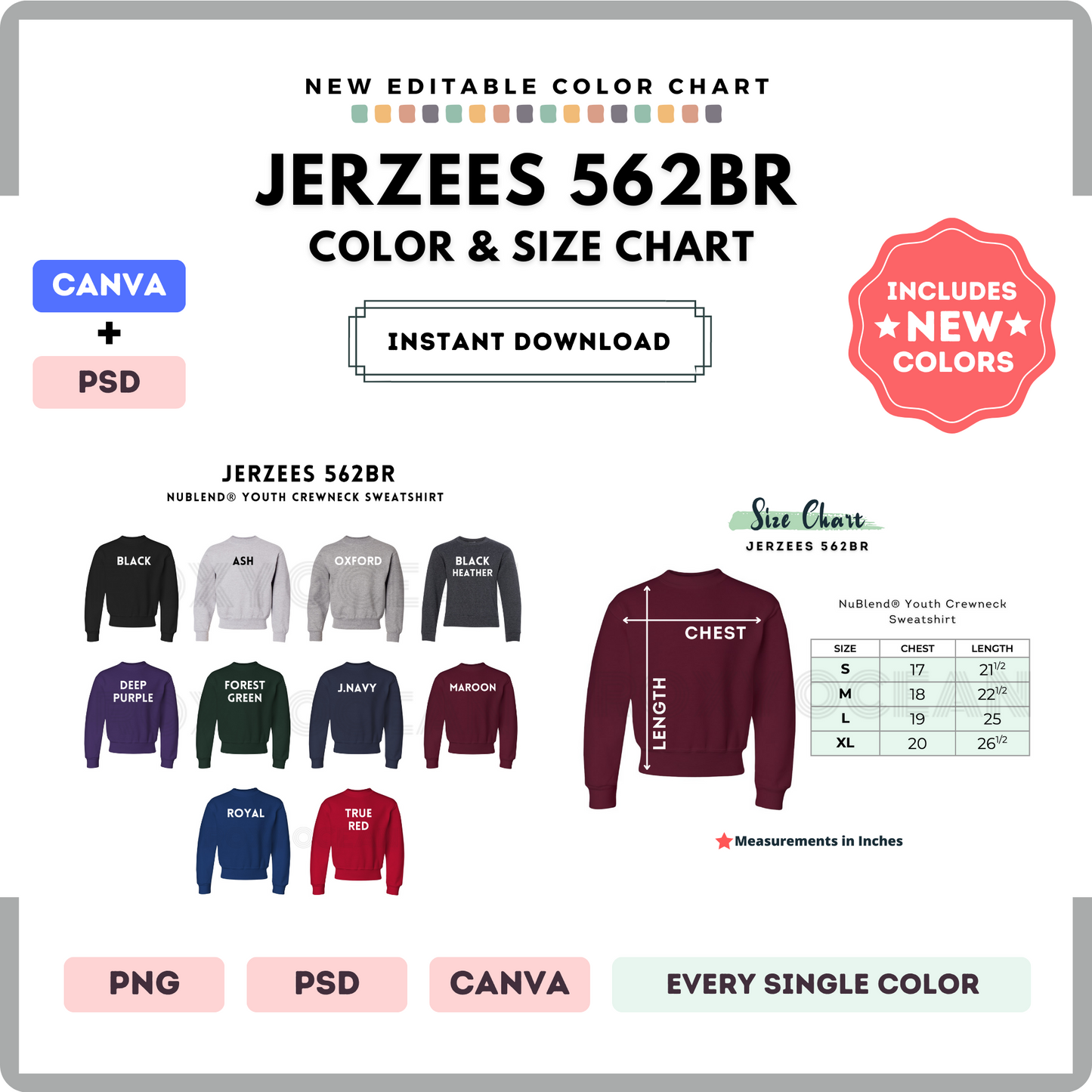 Jerzees 562BR Color and Size Chart