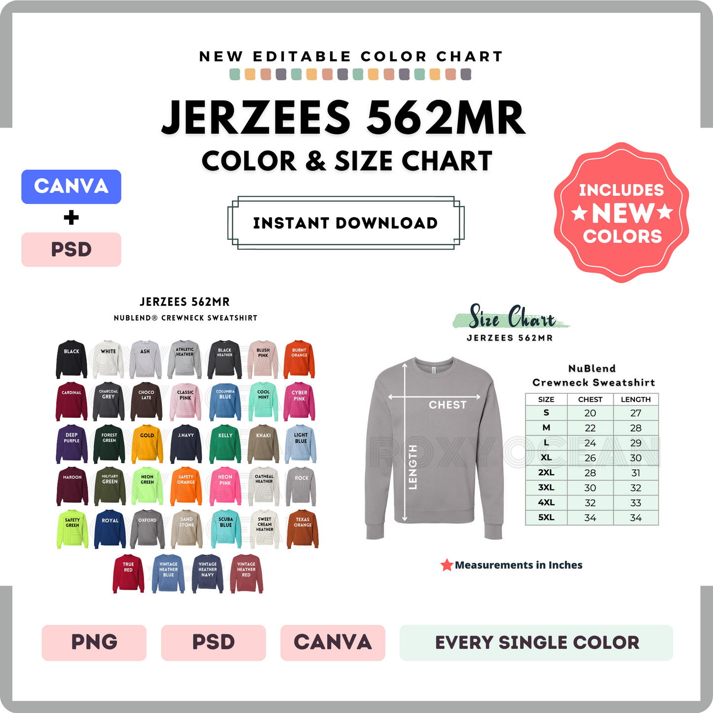 Jerzees 562MR Color and Size Chart