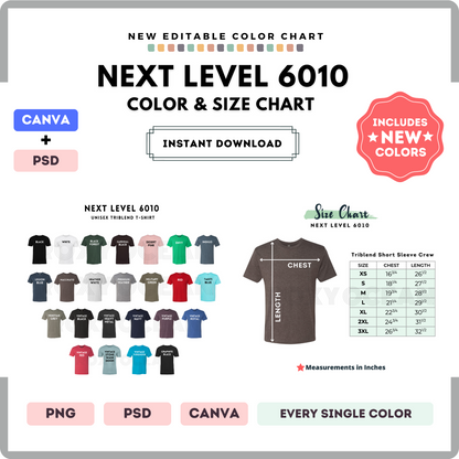 Next Level 6010 Color and Size Chart