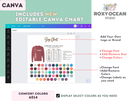 Comfort Colors 6014 T-Shirt Size Chart + Color Chart (Editable)