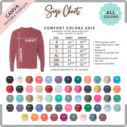 Comfort Colors 6014 T-Shirt Size Chart + Color Chart (Editable)