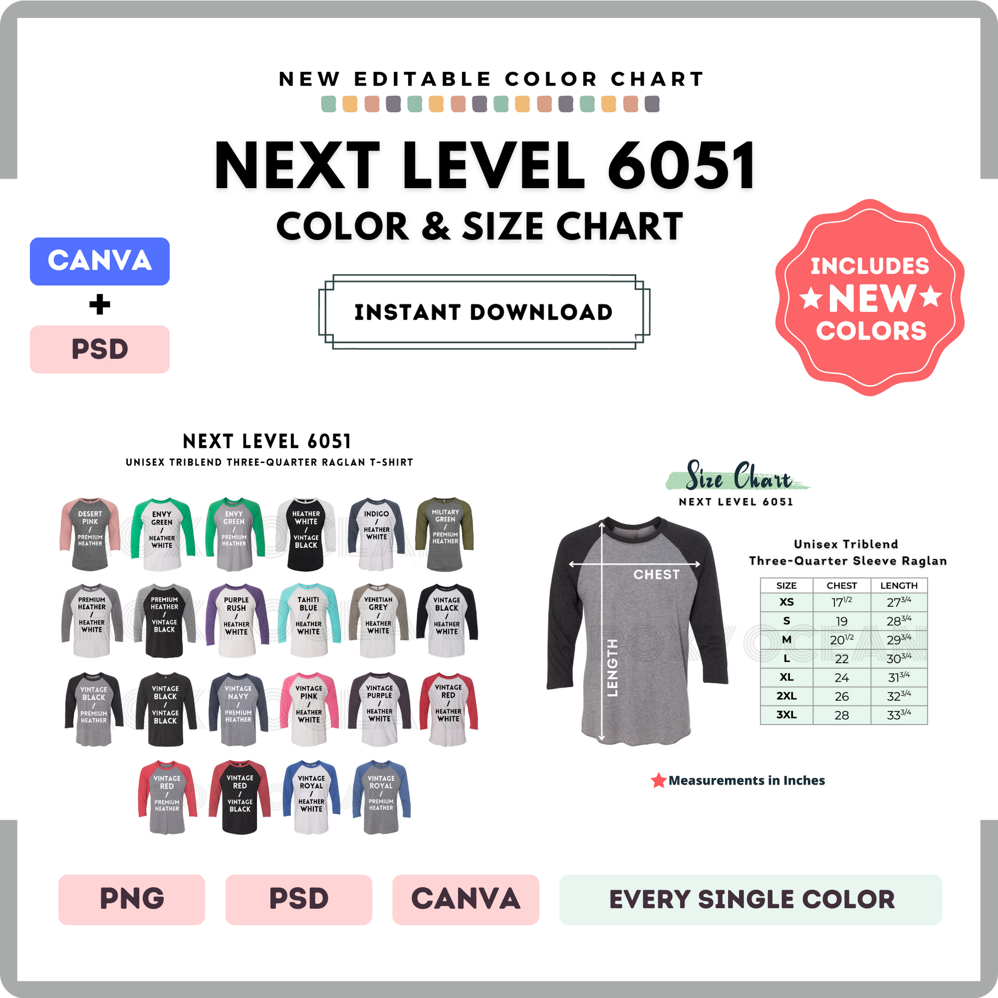 Next Level 6051 Color and Size Chart