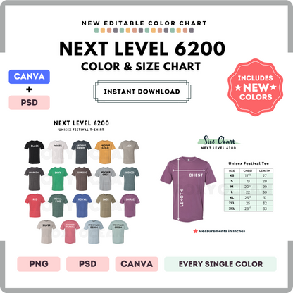Next Level 6200 Color and Size Chart