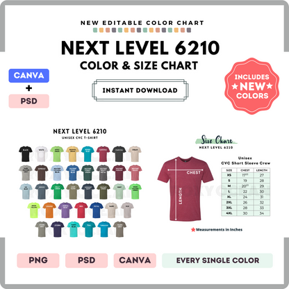Next Level 6210 Color and Size Chart