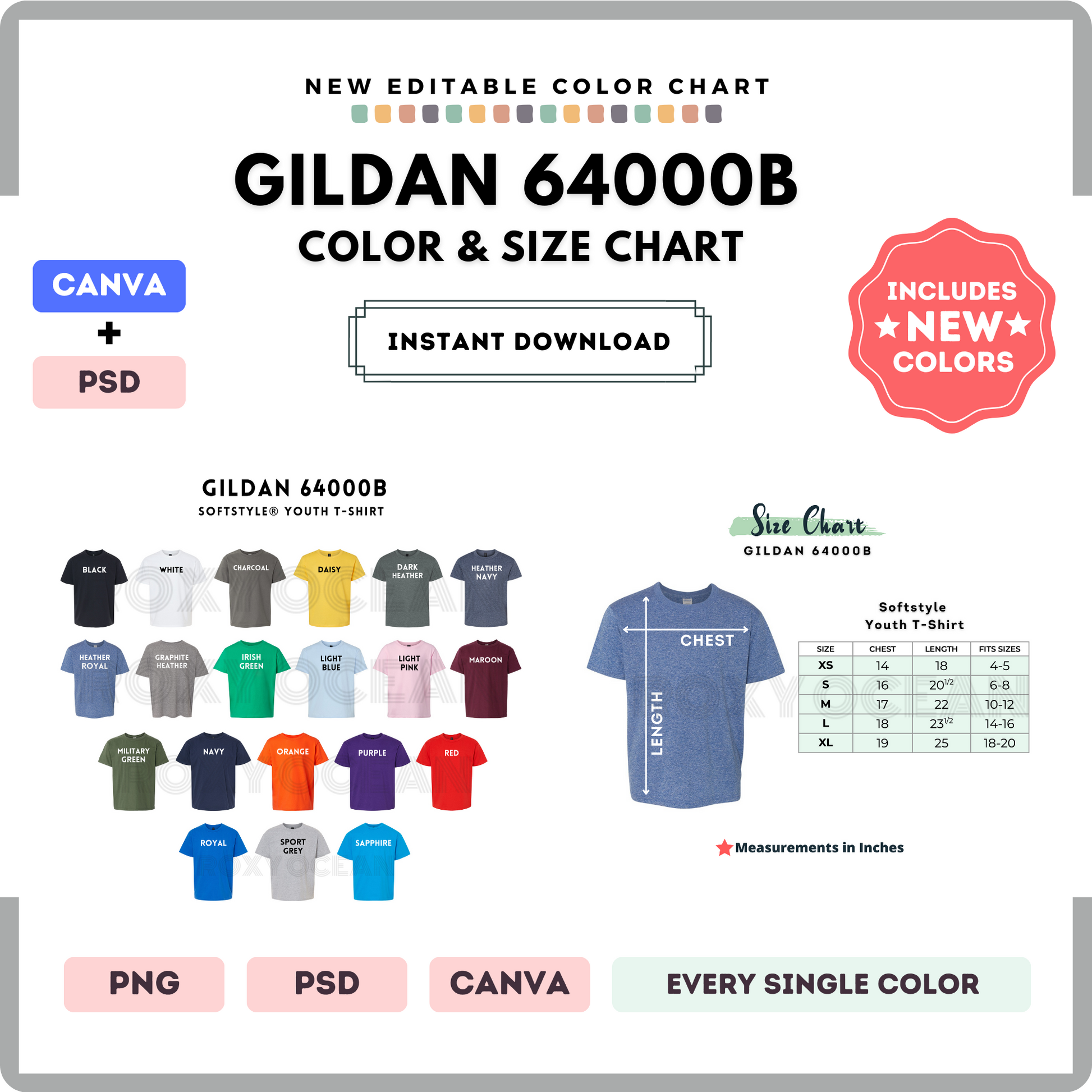 Gildan 64000B Color and Size Chart