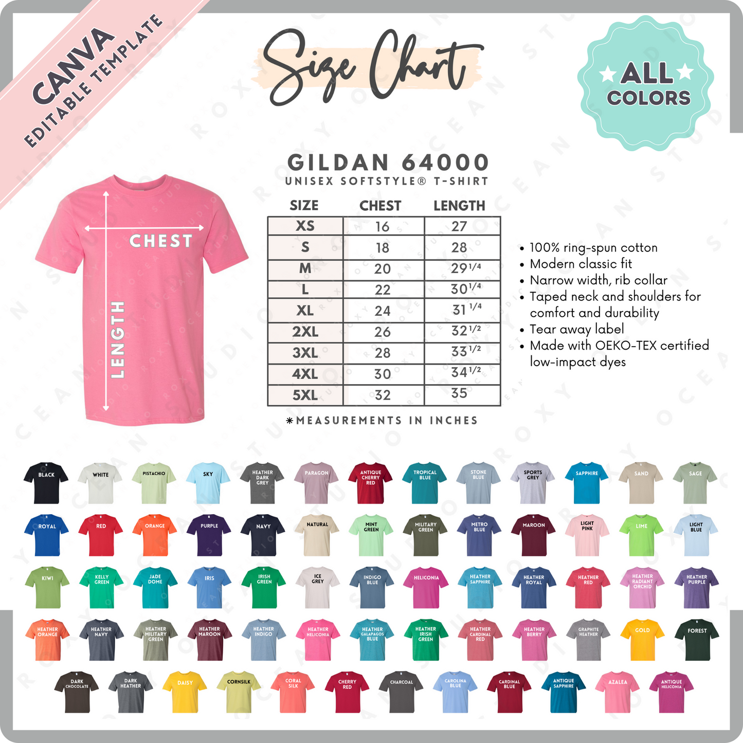 Gildan 64000 Unisex Size Chart + Color Chart (Editable)