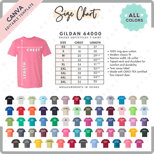 Gildan 64000 Unisex Size Chart + Color Chart (Editable)