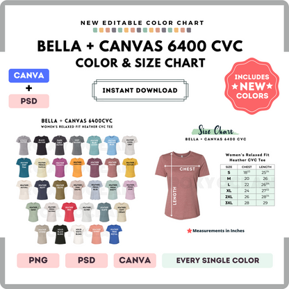 Bella Canvas 6400 CVC Color and Size Chart