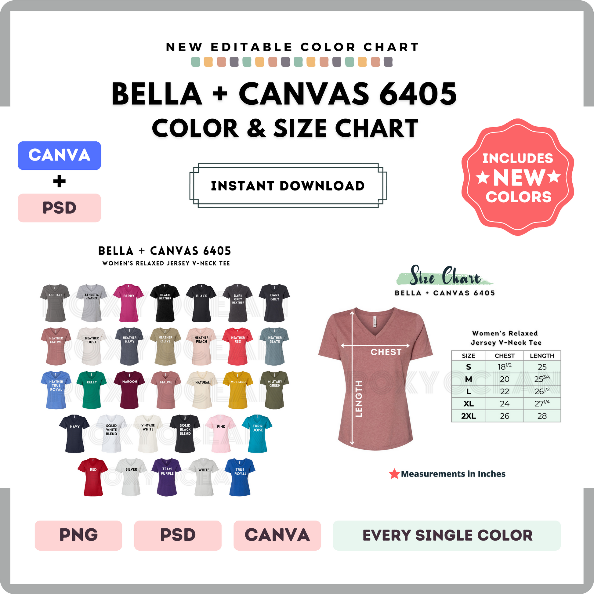 Bella Canvas 6405 Color and Size Chart