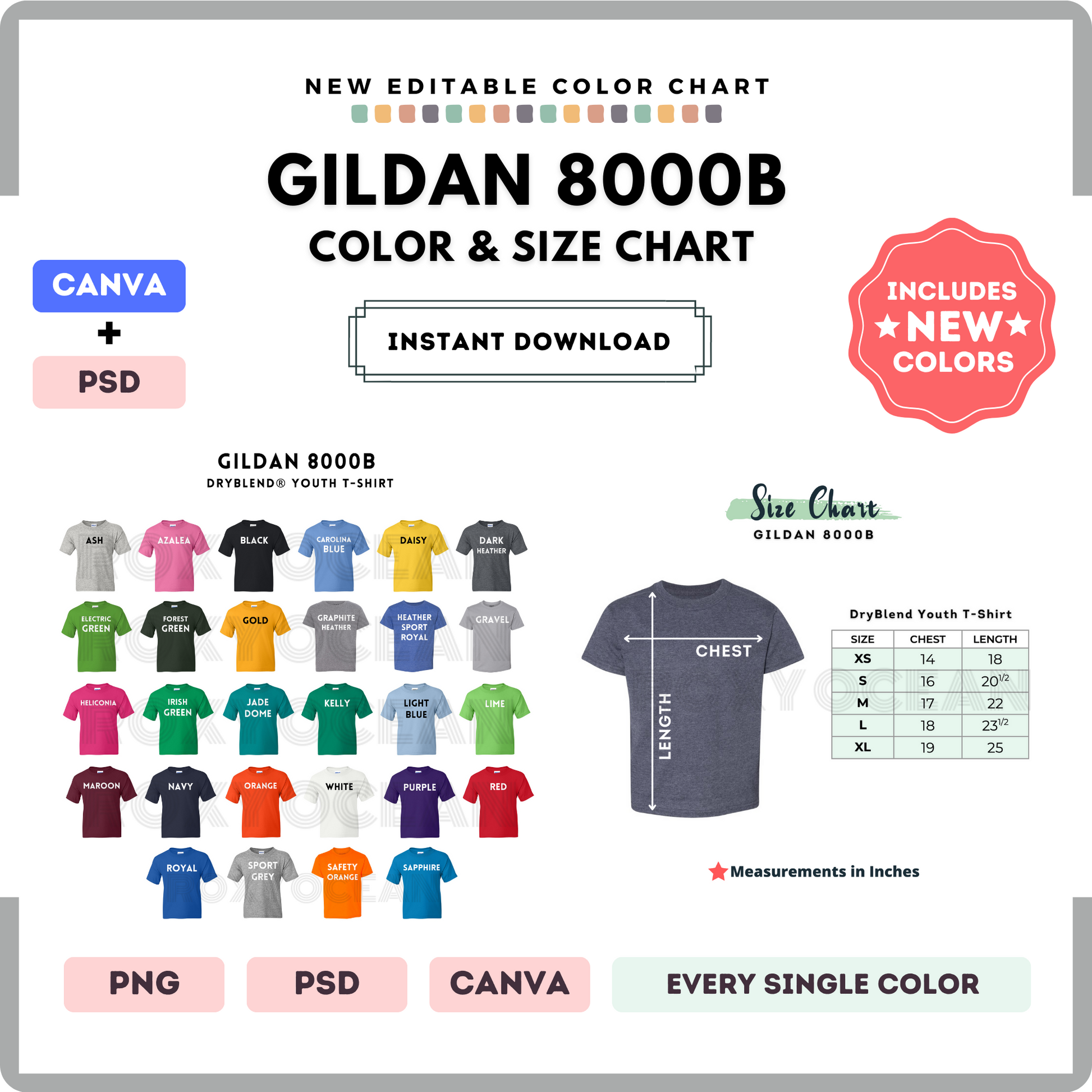 Gildan 8000B Color and Size Chart