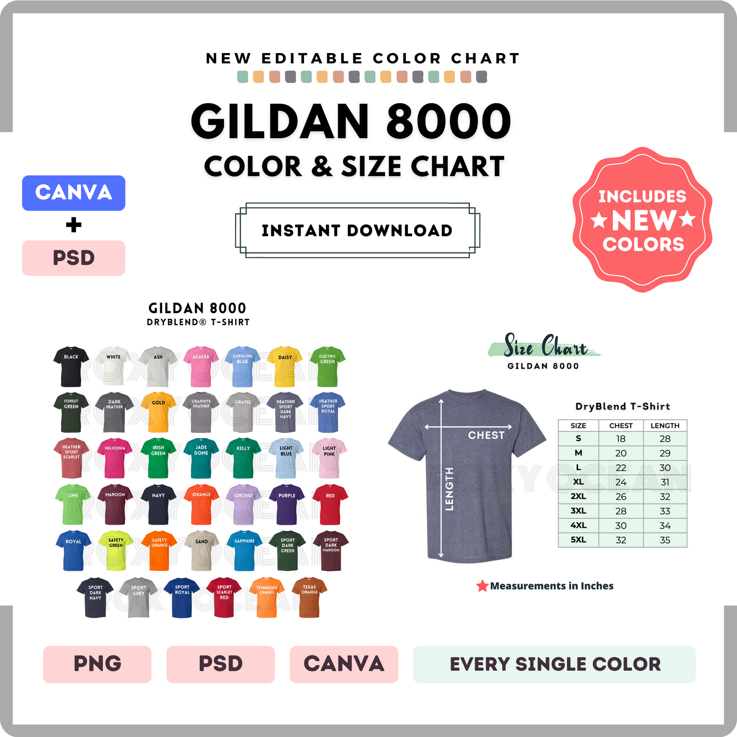 Gildan 8000 Color and Size Chart