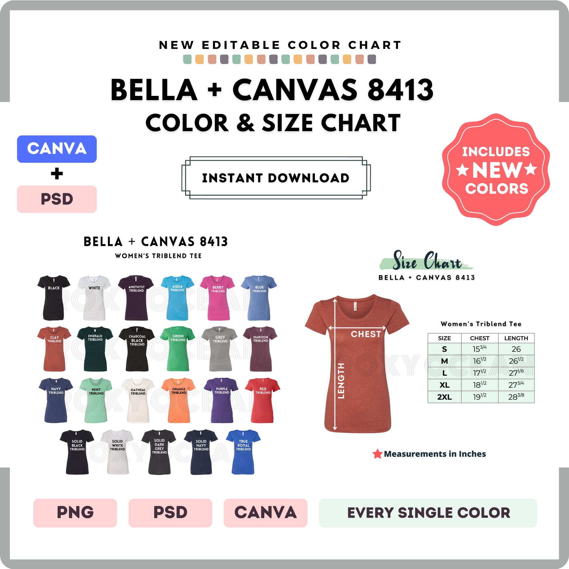 Bella Canvas 8413 Color and Size Chart