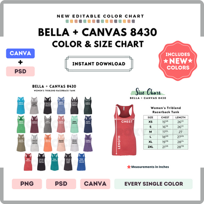 Bella Canvas 8430 Color and Size Chart
