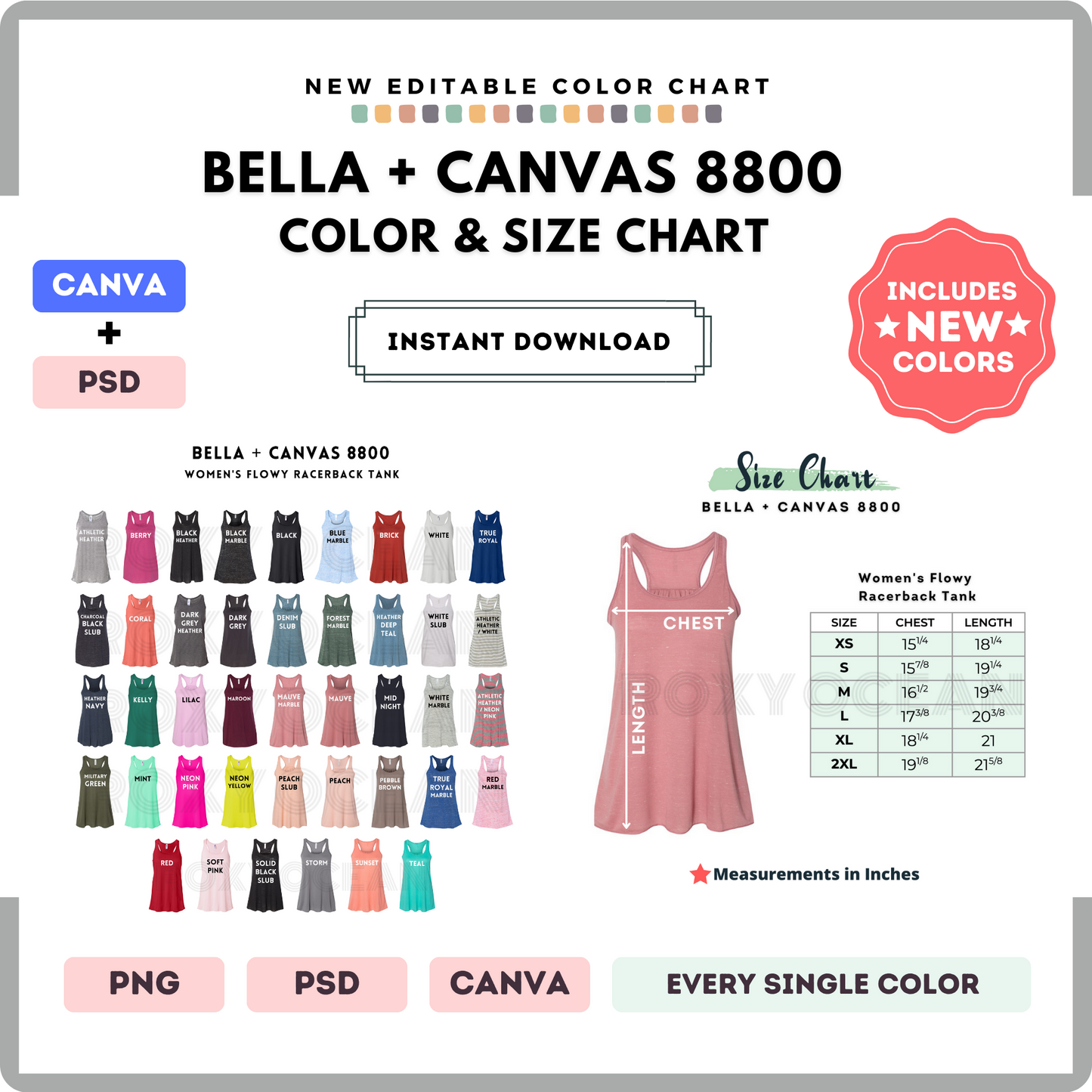 Bella Canvas 8800 Color and Size Chart