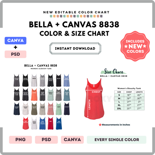 Bella Canvas 8838 Color and Size Chart