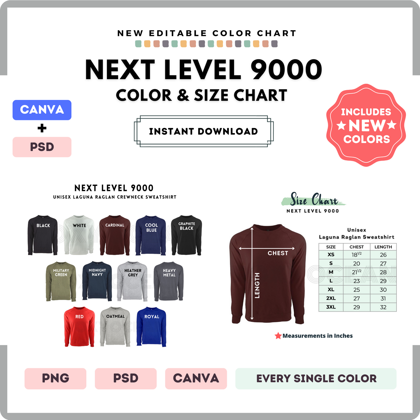Next Level 9000 Color and Size Chart