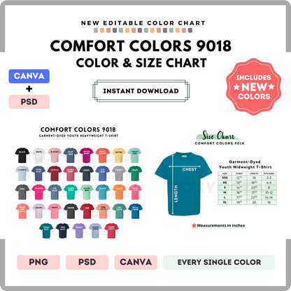 Comfort Colors 9018 Color and Size Chart