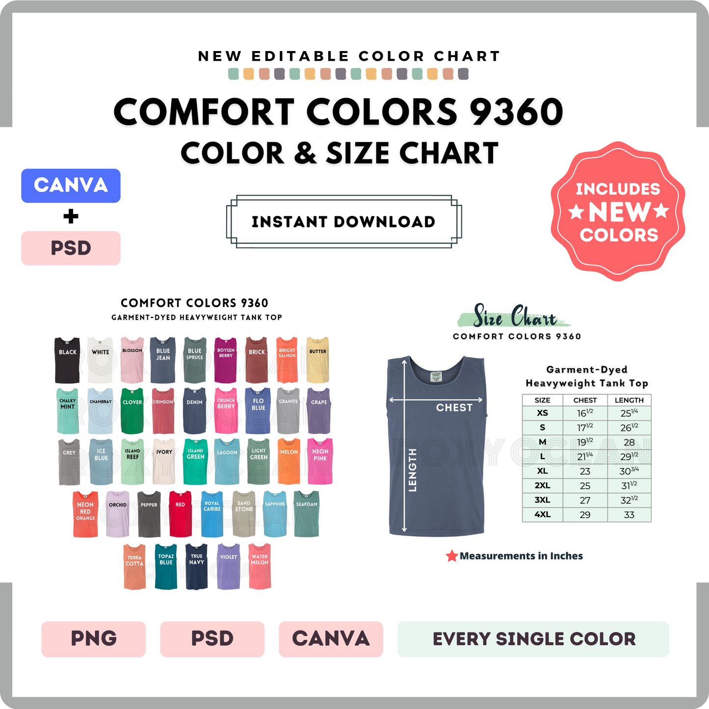 Comfort Colors 9360 Color and Size Chart