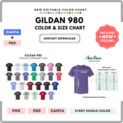 Gildan 980 Color and Size Chart