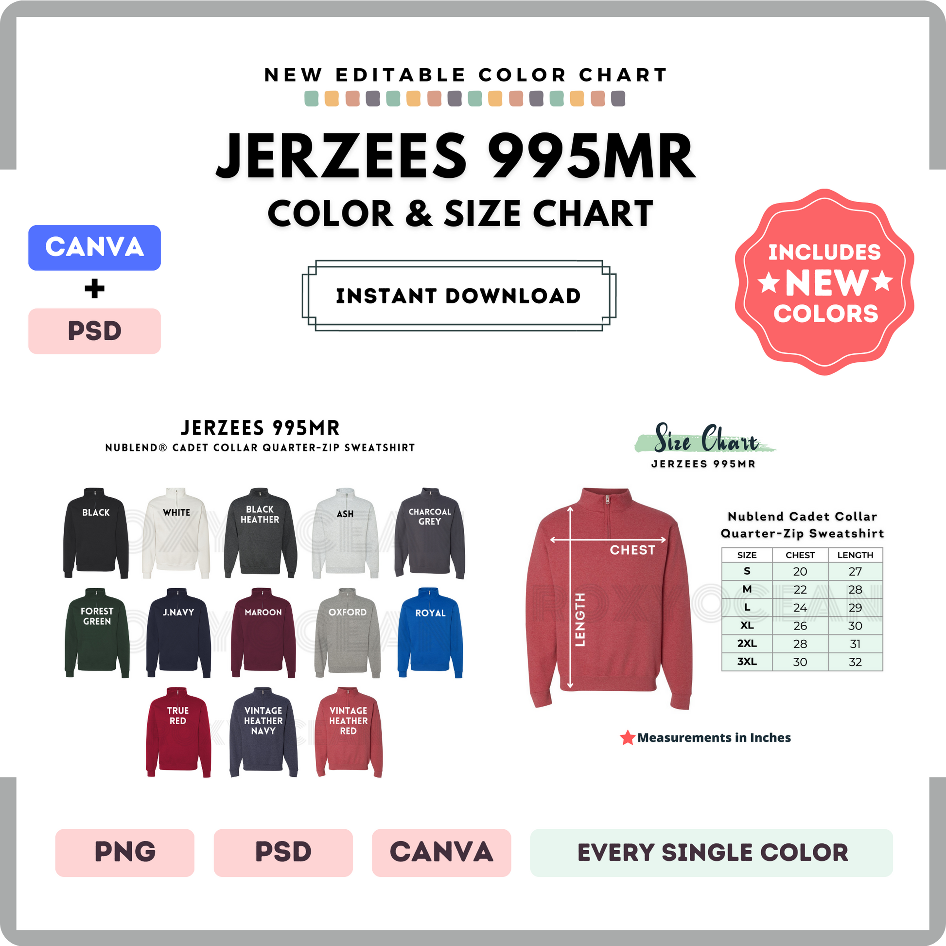 Jerzees 995MR Color and Size Chart