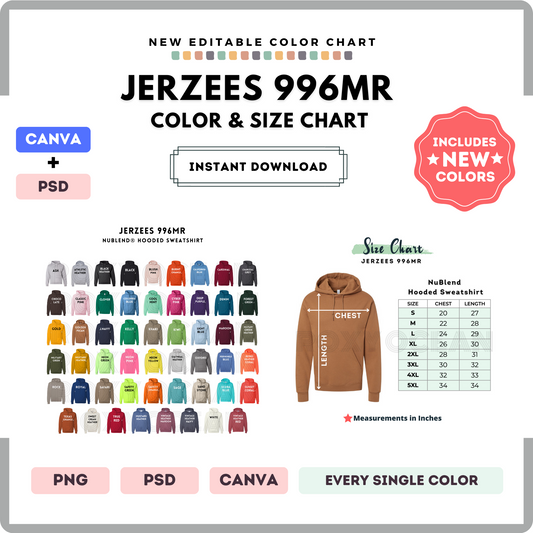 Jerzees 996MR Color and Size Chart