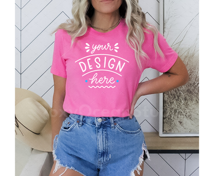 Bella Canvas 3001 Mockup – Charity Pink Unisex T-Shirt Mockup on Model | Style 7