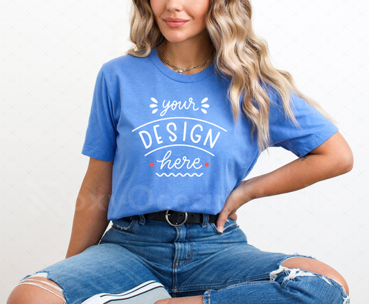 Bella Canvas 3001 Mockup – Heather Columbia Blue T-Shirt Mockup on Model | Style 1