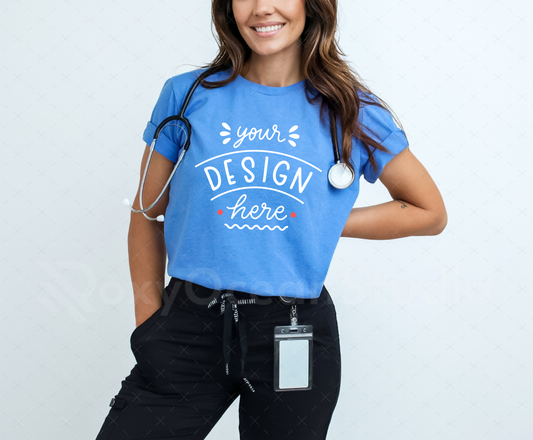 Bella Canvas 3001 Mockup – Heather Columbia Blue T-Shirt Mockup on Model | Style 2