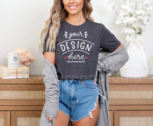 Bella Canvas 3001 Mockup – Heather Dark Grey T-Shirt Mockup on Model | Style 2