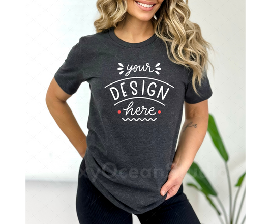 Bella Canvas 3001 Mockup – Heather Dark Grey T-Shirt Mockup on Model | Style 3