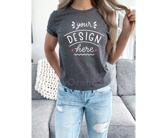Bella Canvas 3001 Mockup – Heather Dark Grey T-Shirt Mockup on Model | Style 6