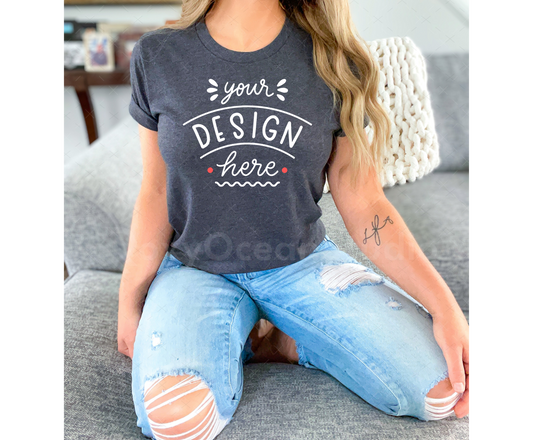 Bella Canvas 3001 Mockup – Heather Dark Grey T-Shirt Mockup on Model | Style 7