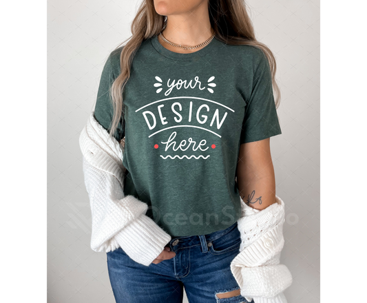 Bella Canvas 3001 Mockup – Heather Forest TShirt Mockup on Model | Style 2