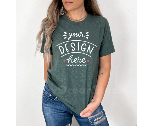 Bella Canvas 3001 Mockup – Heather Forest TShirt Mockup on Model | Style 3