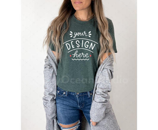 Bella Canvas 3001 Mockup – Heather Forest TShirt Mockup on Model | Style 5