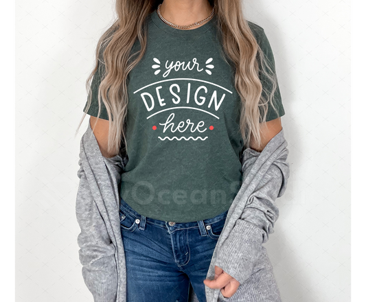 Bella Canvas 3001 Mockup – Heather Forest TShirt Mockup on Model | Style 7