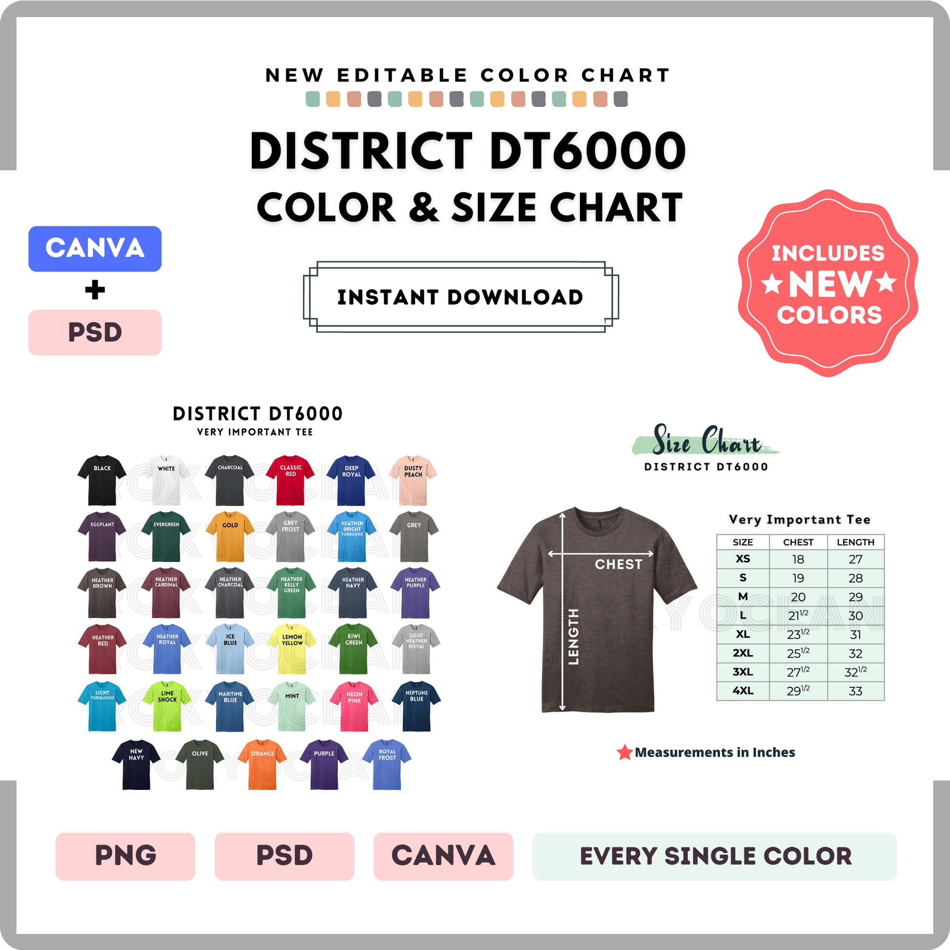 District DT6000 Color and Size Chart