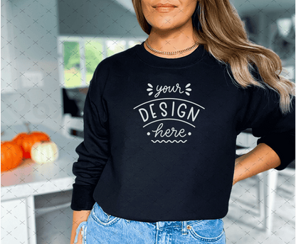 Gildan 18000 Mockup – Black Sweatshirt on Model | Fall & Halloween Theme | Style 8