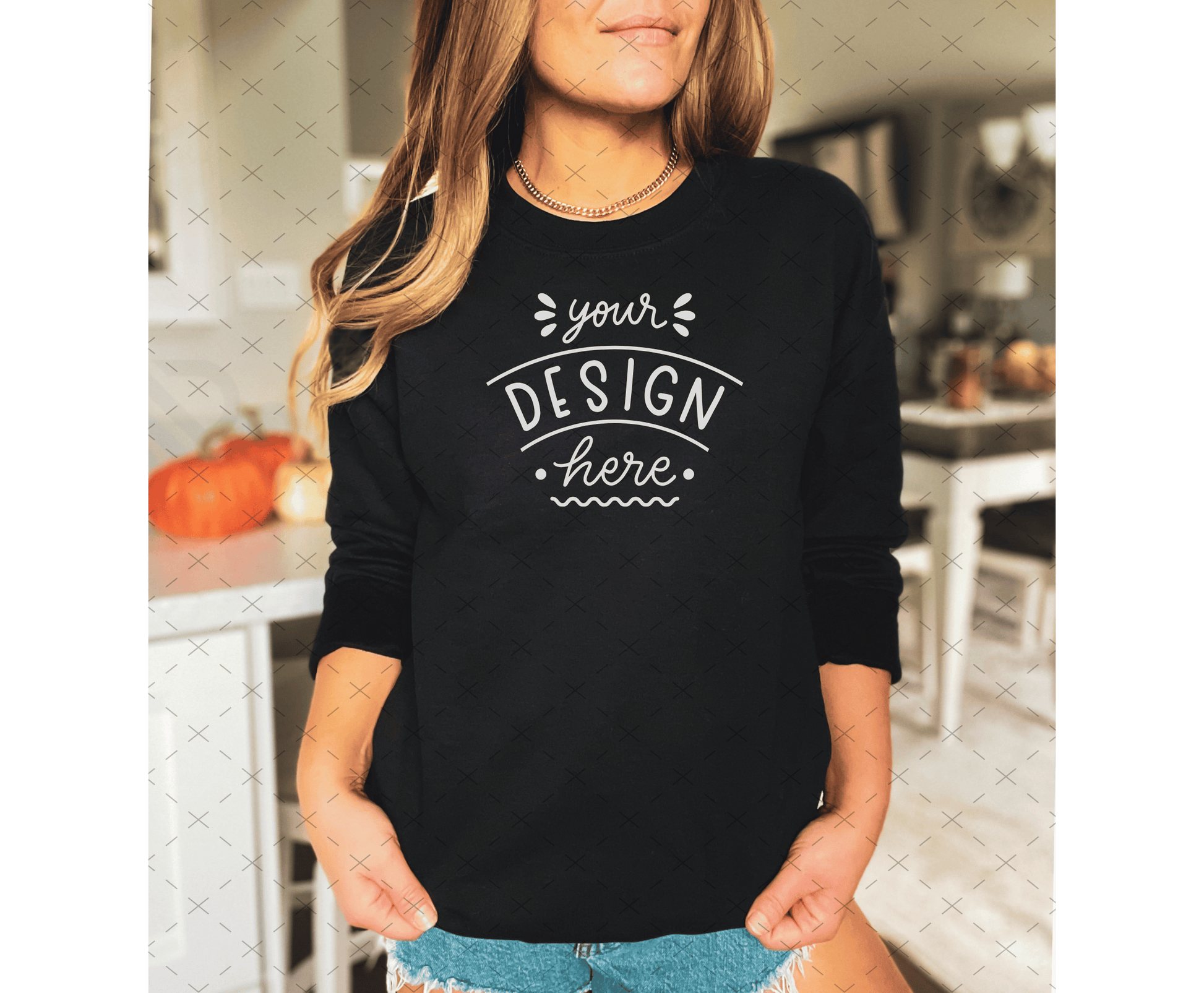 Gildan 18000 Mockup – Black Sweatshirt on Model | Fall & Halloween Theme | Style 15
