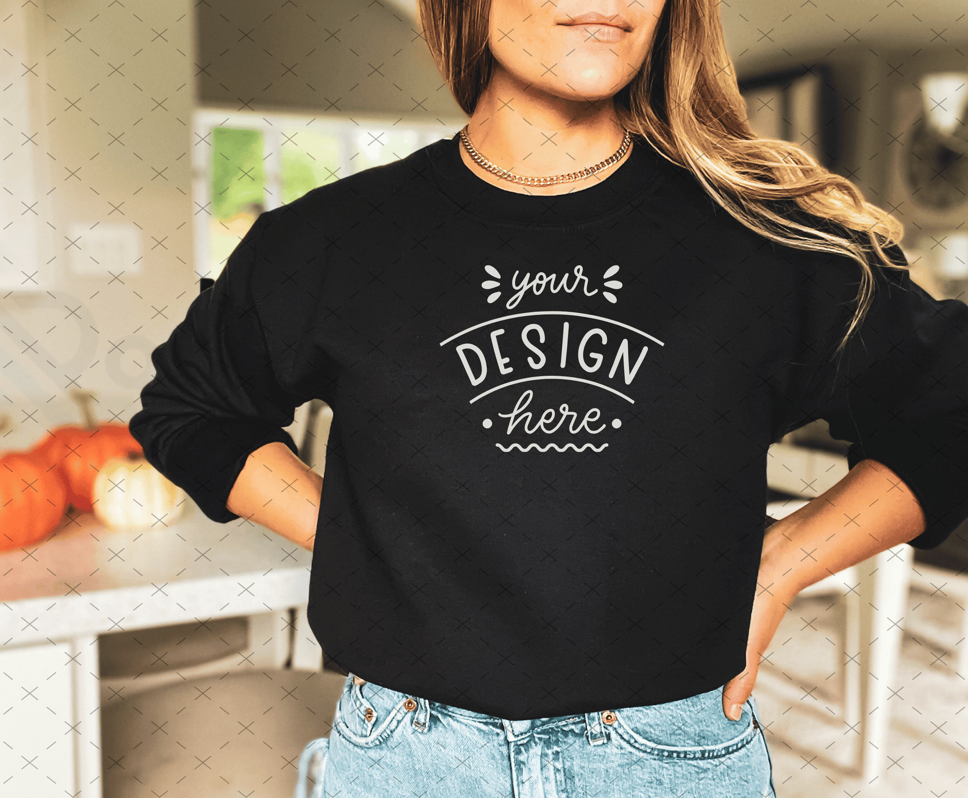 Gildan 18000 Mockup – Black Sweatshirt on Model | Fall & Halloween Theme | Style 3