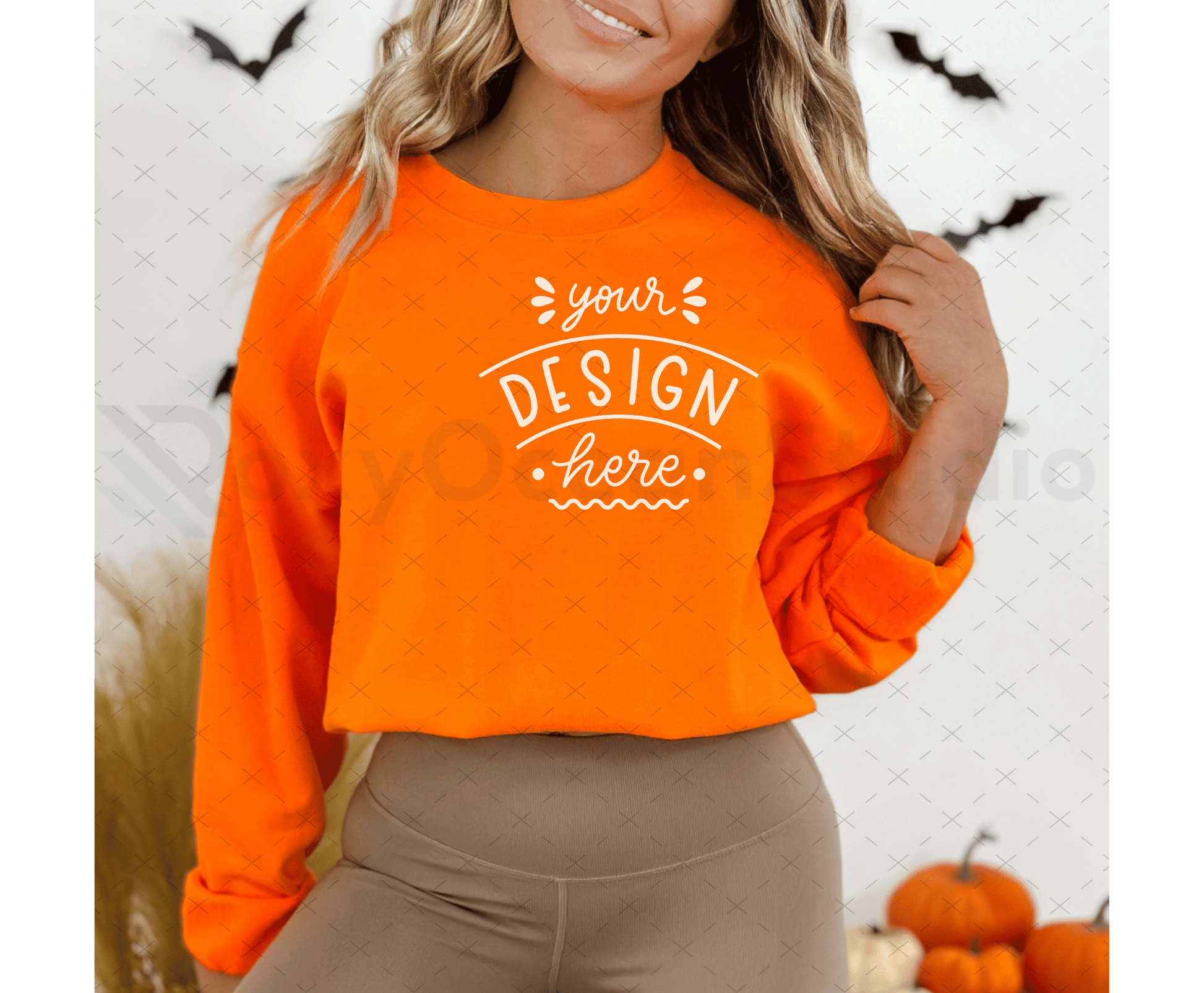 Gildan 18000 Mockup – Orange Sweatshirt on Model | Fall & Halloween Theme | Style 6