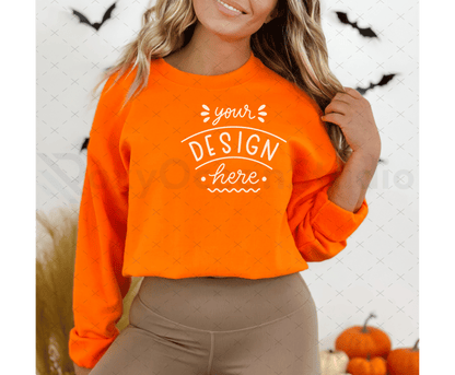 Gildan 18000 Mockup – Orange Sweatshirt on Model | Fall & Halloween Theme | Style 6